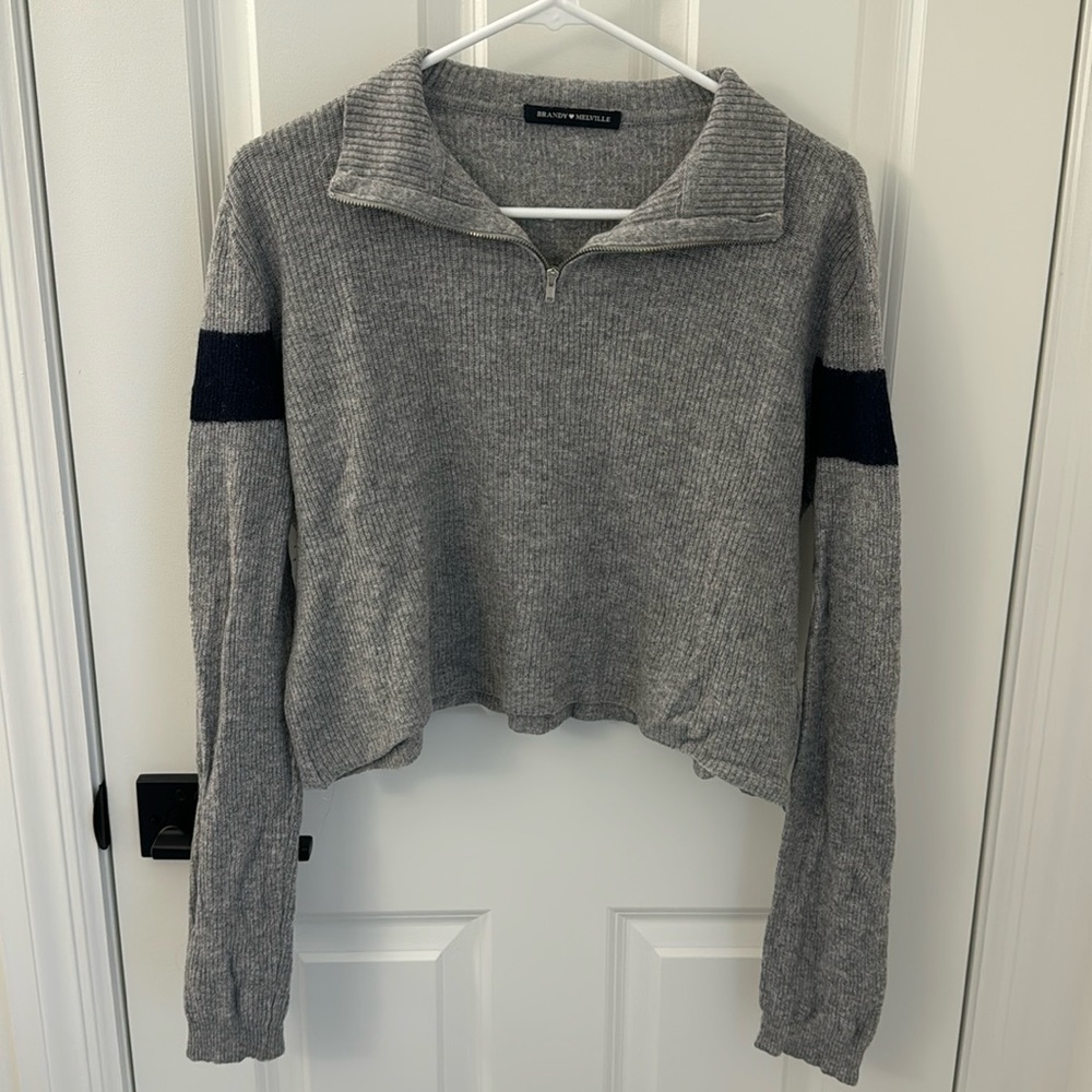 Brandy Melville grey cropped quarter zip with navy stripes, size: One Size